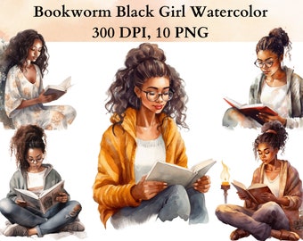 Acuarela Bookworm Black Girl Reading Clipart, Black girl estudiando clipart, Girl Books Clipart, Student Clipart, Reading Png