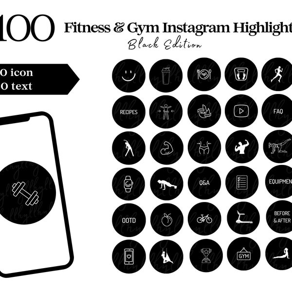 Fitness Instagram Highlight Covers Black, Gym Highlight Icons, Workout Instagram Highlight Icons Influencer Digital Download, Sport icon