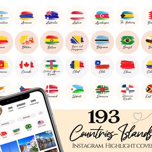 Może przedstawiać: Grafika z 193 kolorowymi kółkami, z których każde reprezentuje inny kraj lub wyspę. Każde kółko zawiera stylizowaną flagę z efektem akwareli. Tekst "193 krajów - wysp" i "Instagram Highlight Covers" jest wyświetlany pod kółkami.