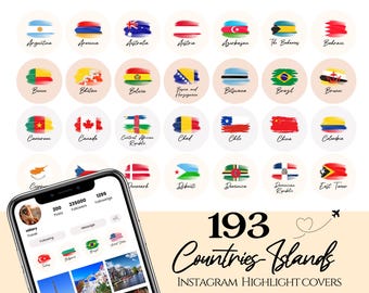 Copertina in evidenza di viaggio di Instagram 192 bandiere di paesi e isole su uno sfondo neutro per le storie di Instagram Icone di vacanza di IG Traveller