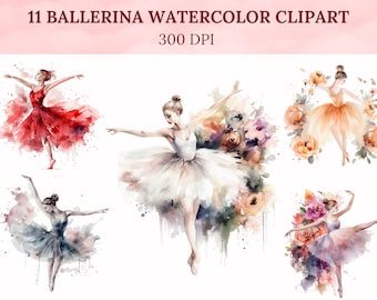 11 Watercolor Ballerina Clipart, Floral, Ballerina, Dance, Digital Print PNG Clip Art, 300 DPI, Instant Download, Illustration set