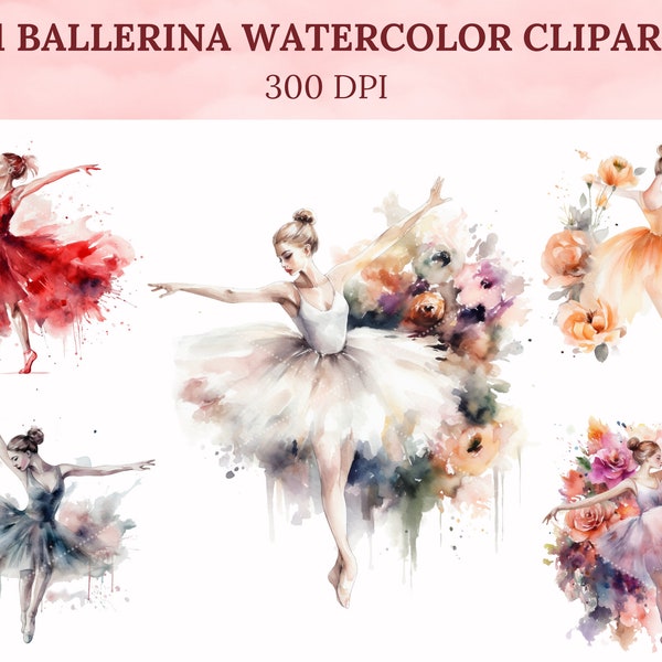 11 Watercolor Ballerina Clipart, Floral, Ballerina, Dance, Digital Print PNG Clip Art, 300 DPI, Instant Download, Illustration set