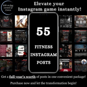 Fitness Instagram Templates Black Editable One Year Package, Gym Sport Healthy Lifestyle Canva Personal Trainer Content Social Media Story