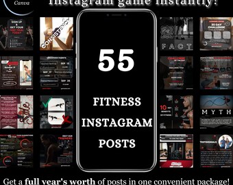 Fitness Plantillas de Instagram Paquete de un año editable en negro, Gimnasio Deporte Estilo de vida saludable Canva Contenido de entrenador personal Historia de redes sociales