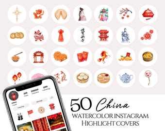50 China Instagram Highlight Covers, Travel Highlight Icons, Chinese watercolor Illustrations on white background, clipart travel