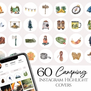 Portadas destacadas de Instagram con imágenes de campamentos en acuarela, íconos de aventuras, íconos de campamentos para Instagram, arte lineal de campamentos para Instagram, bloguero amante de las actividades al aire libre