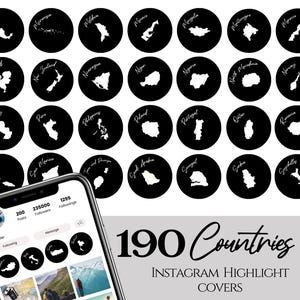 190 pochettes de voyage Instagram, icônes pays et îles en noir pour histoires Instagram, icônes de carte de pays, icônes vacances IG voyageur