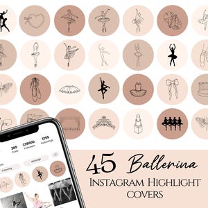 Könnte beinhalten: Eine Sammlung von 45 Instagram-Highlight-Covern mit Ballerina-Illustrationen. Die Cover zeigen Strichzeichnungen von Ballerinas, Ballettschuhen, Tutus und anderen Ballettsymbolen auf einem neutralen Hintergrund. Das Bild enthält ein Telefon, das die Cover anzeigt.