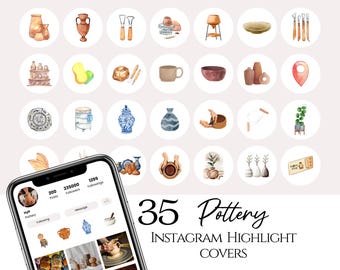 35 Pottery Instagram Highlight Covers, Watercolor Icons pottery instagram business, clay studio icons, potter neutral instagram