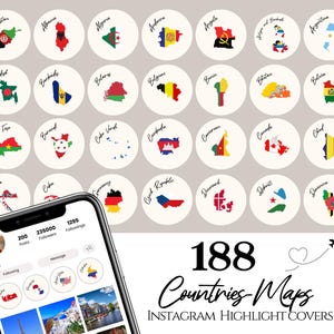 Couverture de voyage Instagram 188 pays et drapeaux des îles sur la carte, blogueur de voyage Instagram histoires de pays icônes de vacances de voyageur