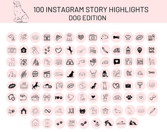 Op de afbeelding: Een set van 100 zwart-witte pictogrammen voor Instagram-story-highlights, met hondenthema's. De pictogrammen zijn gerangschikt in een raster op een roze achtergrond. De tekst "100 INSTAGRAM STORY HIGHLIGHTS DOG EDITION" staat bovenaan de afbeelding.