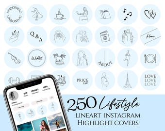 250種類のベビーブルーライフスタイルラインアートInstagramハイライトカバー、ミニマルなInstagramハイライトアイコン、ボヘミアンキュートストーリーアイコン、インフルエンサートラベルブログ