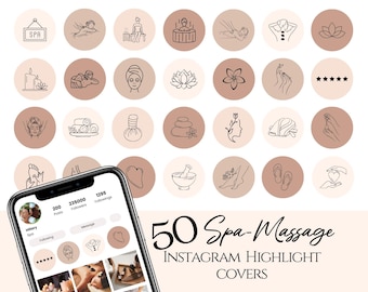 May include: 50 Instagram highlight covers for a spa or massage business. The covers feature various spa-related icons, such as a lotus flower, a massage table, and a spa treatment.