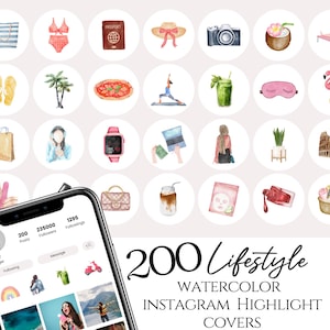 Puede incluir: 200 portadas de resaltado de Instagram de acuarela con varios temas de estilo de vida, que incluyen viajes, moda, comida y fitness. Las portadas presentan ilustraciones de un pasaporte, gafas de sol, una rebanada de pizza, una pose de yoga, un cóctel, una máscara para dormir, un flamenco, una bolsa de compras, un reloj, una computadora portátil, una mujer con un vestido, una planta en maceta, un edificio, una taza de café, un producto de belleza, una bomba de baño y más.