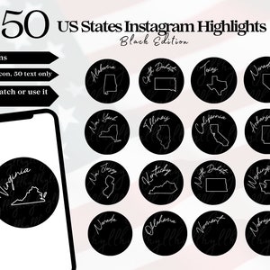 50 US States Instagram Story Highlight Covers, US States Highlight Icons Black, Travel Instagram Story Highlight, US State Outline Icons
