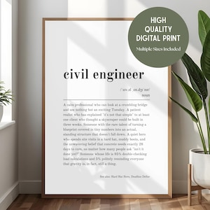 Op de afbeelding: Een ingelijste wandkunstprint met de woordenboekdefinitie van een civiel ingenieur in zwarte tekst op een witte achtergrond. De tekst beschrijft een civiel ingenieur als een kalme professional, met vermelding van locatiebezoeken en berekeningen.
