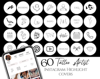 May include: Sixty black and white Instagram highlight covers for tattoo artists. The covers feature various tattoo-related icons, including a tattoo machine, a snake, a crown, a world map, a heart with the word "tattoo", a calendar, a phone, a pin, a play button, a cross with two needles, a mouth with a tongue sticking out, a location pin, a pair of headphones, a hand with a needle, a hand with a tattoo, a price list, a question mark, a flower, a hand with a tattoo, and a hand with a needle.