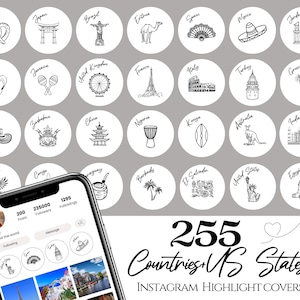 May include: A set of 255 black and white Instagram highlight covers featuring icons representing different countries and US states. The icons include landmarks, animals, and other symbols. The text "255 Countries + US States" and "INSTAGRAM HIGHLIGHT COVERS" is displayed at the bottom of the image.