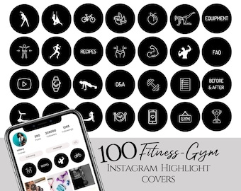 Cover nere per Instagram in evidenza per il fitness, icone per la palestra in evidenza, icone per l&#39;allenamento sano su Instagram per influencer IG, icone per lo sport e lo yoga