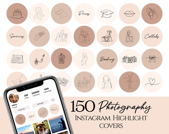 150 icone di copertina di Instagram Highlight per fotografi, copertine di fotografia Line Art, icona minima per Instagram, matrimonio autunnale marrone Instagram