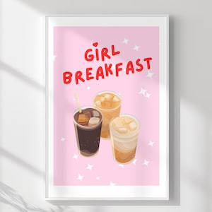Girl Breakfast, Breakfast Wall Art, Iced Coffee Club, Pink Kitchen Poster Decor, girly kitchen art, breakfast poster, iced latte poster