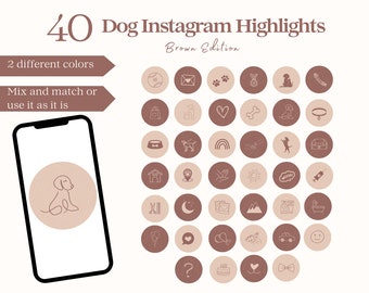 Op de afbeelding: 40 bruine en beige Instagram-highlightpictogrammen voor hondenbezitters. De pictogrammen bevatten verschillende hondenthema's, waaronder poot afdrukken, botten, hondenspeelgoed en een hondensilhouet.