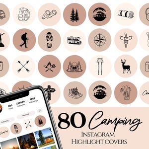 Iconos de portada destacada de Instagram con arte lineal de camping, portadas destacadas de aventuras al aire libre, iconos de campista en Instagram, icono de viajero con fondo marrón