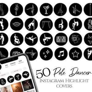 Könnte beinhalten: 50 schwarze und weiße Kreissymbole für Instagram-Highlights. Die Symbole zeigen verschiedene Bilder zum Thema Pole-Dance, darunter ein Martini-Glas, eine Musiknote, ein Stern, ein Paar High Heels, ein Mikrofon, eine Stange und eine Frau, die eine Pole-Dance-Bewegung ausführt. Der Text "50 Pole Dancer" und "INSTAGRAM HIGHLIGHT COVERS" befindet sich am unteren Rand des Bildes.
