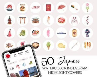 50 Japan Instagram Highlight Covers, Travel Highlight Icons, Japan watercolor Illustrations on white background, japanese clipart travel
