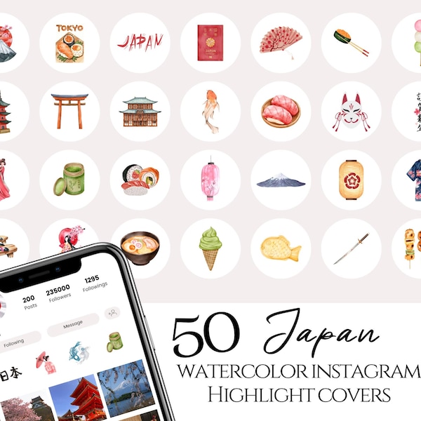 50 Japan Instagram Highlight Covers, Travel Highlight Icons, Japan watercolor Illustrations on white background, japanese clipart travel