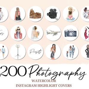 May include: Set of 12 watercolor illustrations for Instagram highlight covers. The illustrations feature various themes, including travel, photography, fashion, and family. The illustrations are in a circular shape and have a white background.