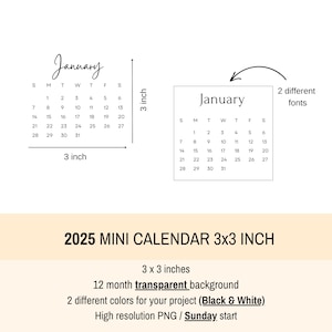 2025 Monatskalender 3 x 3 Zoll Druckbarer transparenter Kalender für Digitalen Planner Digitaler Aufkleberkalender PNG Taschenkalender