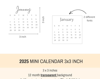 2025 Monthly Mini 3x3 inch Calendar Printable Transparent Calendar For Digital Planner Digital Sticker Calendar PNG Pocket Calendar