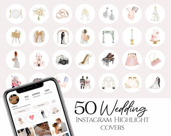 May include: Fifty watercolor illustrations of wedding-themed icons for Instagram highlight covers. The icons include a wedding cake, a church, a bride and groom, a wedding arch, a bouquet of flowers, a pair of earrings, a candle, a shoe, a piano, a purse, a car, and more.