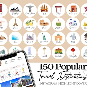 Op de afbeelding: Afbeelding van 30 Instagram highlight covers met reisthema's, waaronder Londen, Parijs en Tokio. Een smartphone toont een reisprofiel, met de tekst "150 Popular Travel Destinations".
