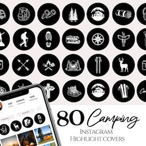Iconos de portada destacada de Instagram con arte lineal de camping, portadas destacadas de aventuras al aire libre, iconos de campista en Instagram, icono de viajero con fondo negro