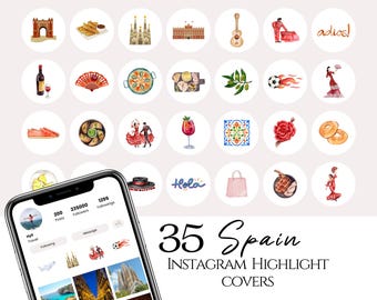 35 Spain Instagram Highlight Covers, Travel Highlight Icons, Spain Watercolor Illustrations on white background, spanish travel blogger