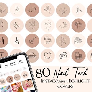 Può includere: 80 copertine per highlight di Instagram per tecnici delle unghie. Le copertine presentano varie icone relative alle unghie, tra cui mani, flaconi di smalto per unghie, strumenti e un listino prezzi.