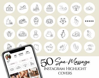 May include: 50 black and white illustrations for Instagram highlight covers. The illustrations feature spa and massage related icons such as a lotus flower, a massage table, a spa treatment, and a hand holding a heart.