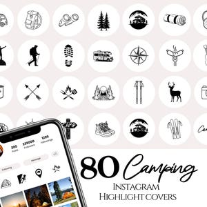 Iconos de portada destacada de Instagram con arte lineal de camping, portadas destacadas de aventuras al aire libre, iconos de campista en Instagram, icono de viajero con fondo blanco