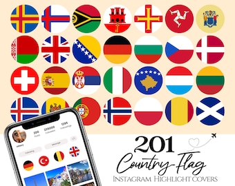 May include: 201 country flag Instagram highlight covers. A collection of round icons featuring flags from different countries. The icons are arranged in a grid pattern on a light beige background. A phone screen is visible in the bottom left corner, displaying a profile with the text "200 Posts, 235000 Followers, 1295 Followings".