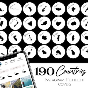 Puede incluir: Un diseño gráfico en blanco y negro de 190 países, cada país está representado por un simple contorno de su forma. El gráfico se muestra en la pantalla de un teléfono con el texto "190 países Coberturas de resaltado de Instagram".
