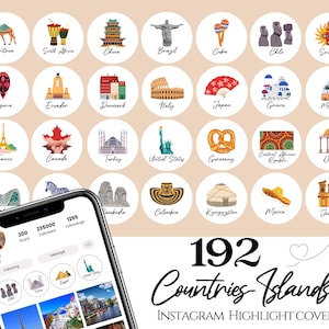 May include: A set of 192 colorful Instagram highlight covers featuring icons representing different countries and islands. The icons are arranged in a grid pattern on a light brown background. The text "192 Countries Islands" and "INSTAGRAM HIGHLIGHT COVERS" is displayed below the grid.