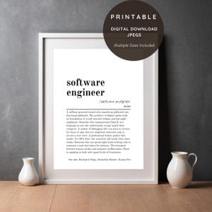 Peut inclure: Une impression encadrée avec la définition de "ingénieur logiciel" en texte noir sur fond blanc. L'impression comprend la prononciation du mot et une description humoristique. L'impression est entourée d'un cadre blanc et comprend le texte "PRINTABLE" et "DIGITAL DOWNLOAD".