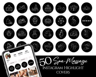 May include: Black and white Instagram highlight covers with icons related to spa and massage services. Icons include a spa logo, candles, flowers, massage tools, and hands. The text "50 Spa-Massage Instagram Highlight Covers" is at the bottom of the image.