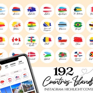 May include: Instagram highlight covers with flags of different countries and islands, presented on white circles. A smartphone shows an Instagram profile. The image includes the text "192 Countries Islands Instagram Highlight Covers."