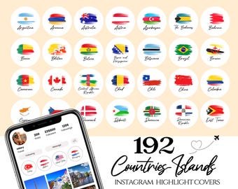 May include: Instagram highlight covers with flags of different countries and islands, presented on white circles. A smartphone shows an Instagram profile. The image includes the text "192 Countries Islands Instagram Highlight Covers."