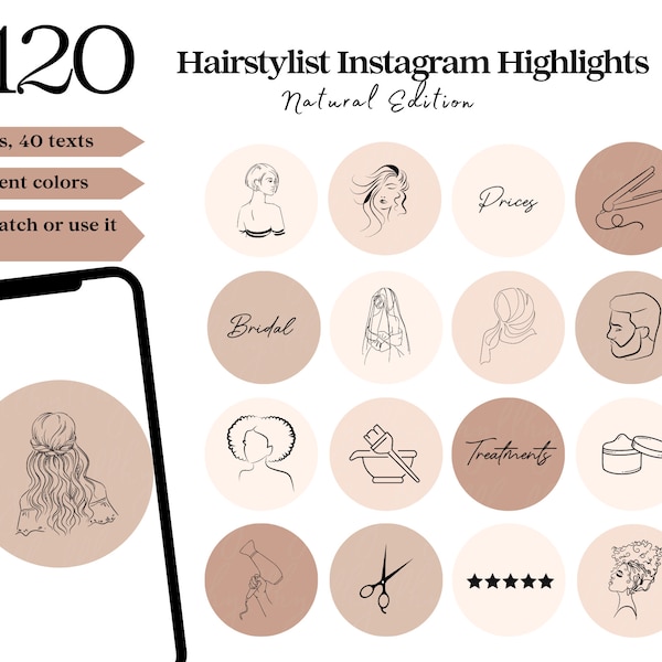 Hairstylist Instagram Highlight Covers, natural instagram hair salon icons, Minimalist brown hair salon business Instagram, hairdresser