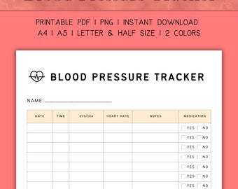 Rastreador de presión arterial, Registro de presión arterial, Gráfico de seguimiento de hipotensión, Frecuencia cardíaca digital imprimible, Diario de hipertensión, Cuaderno, PDF, A4