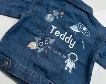 Personalised Baby & Kids Denim Jacket, Customied Clothing, Space Theme, Name Jacket, Organic, Ecofriendly, Embroidered Denim Jacket